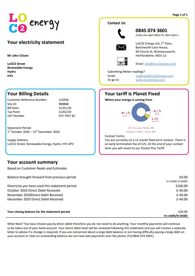 United Kingdom LoCO2 Energy utility bill template in Word and PDF format